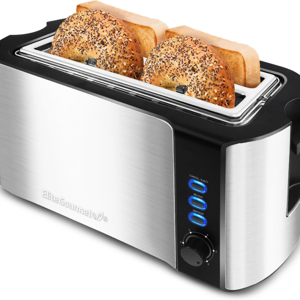 Elite Gourmet ECT-3100## Long Slot 4 Slice Toaster, Reheat, 6 Toast Settings, Defrost, Cancel Functions, Built-in Warming Rack, Extra Wide Slots for Bagels Waffles, Stainless Steel & Black