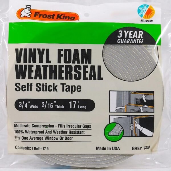 Frost King Vinyl Foam Tape - Closed Cell - Moderate Compression, 3/4" W, 3/16" Thick, 17' L, Grey