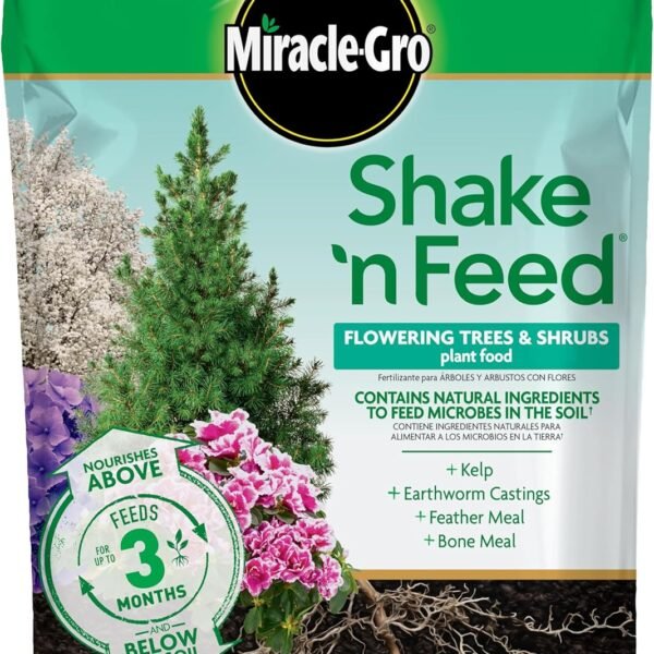 Miracle-Gro Shake 'N Feed Flowering Trees and Shrubs Plant Food, For In-Ground and Container Plants, Acid-Loving Flowering Plants, 8 lbs.